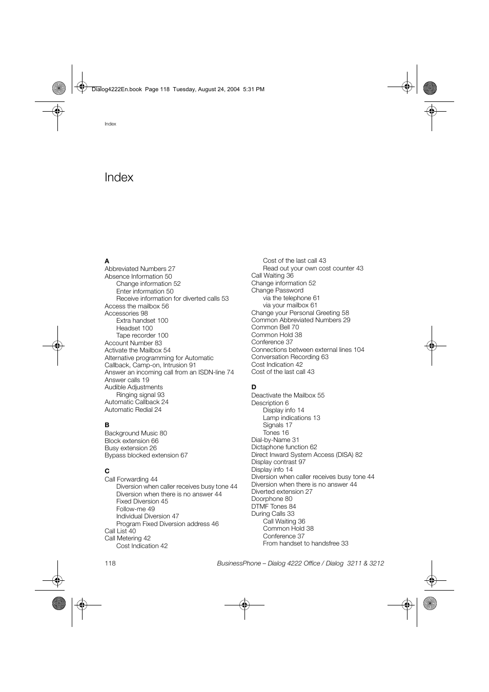 Index | Dialog 4222 Office User Manual | Page 118 / 124