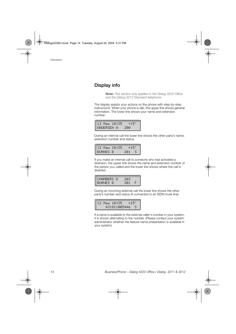 Display info, Section | Dialog 4222 Office User Manual | Page 14 / 124