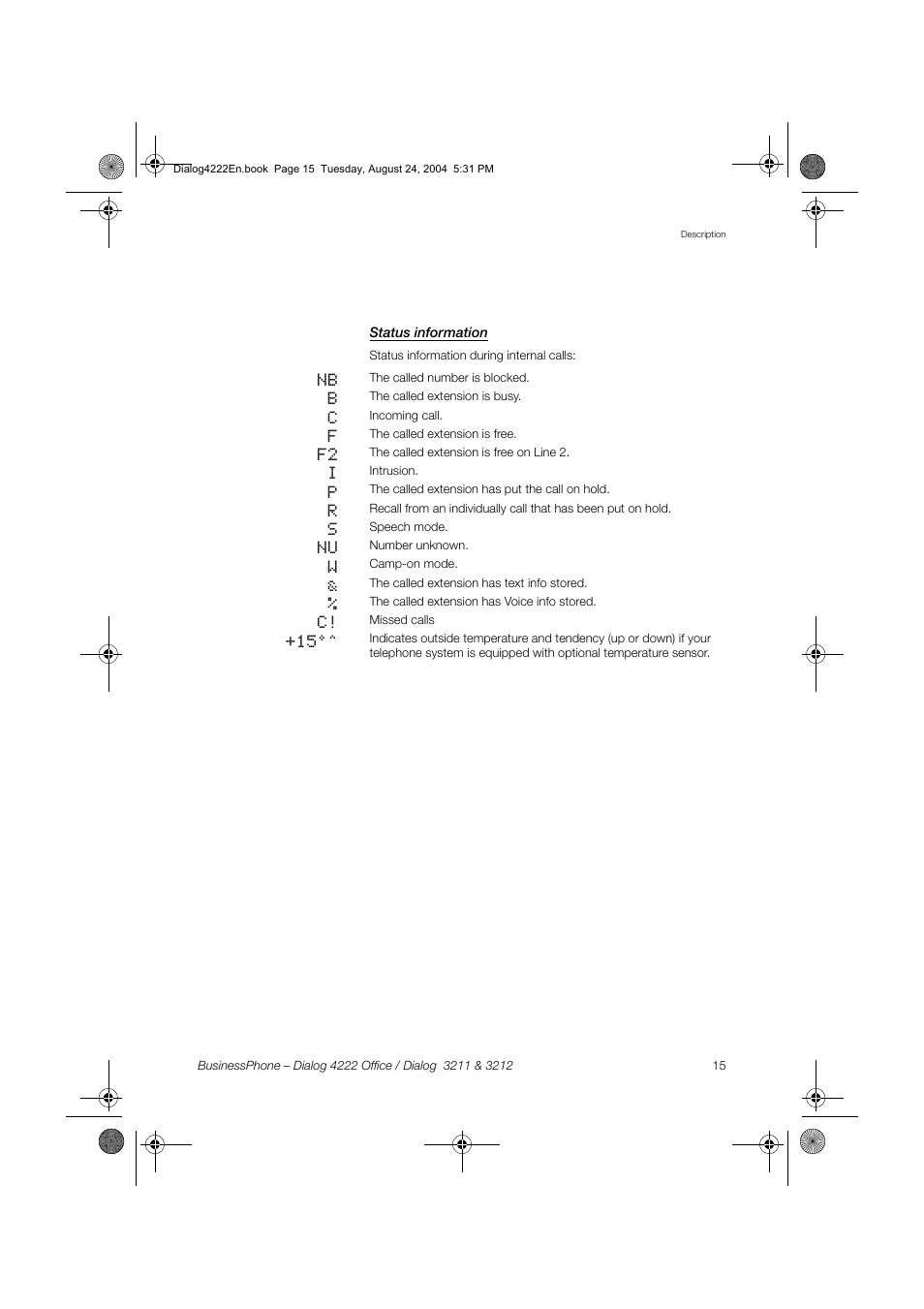 Status information | Dialog 4222 Office User Manual | Page 15 / 124