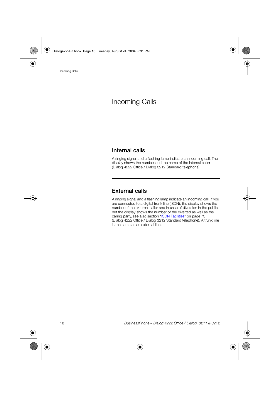 Incoming calls, Internal calls, External calls | Dialog 4222 Office User Manual | Page 18 / 124