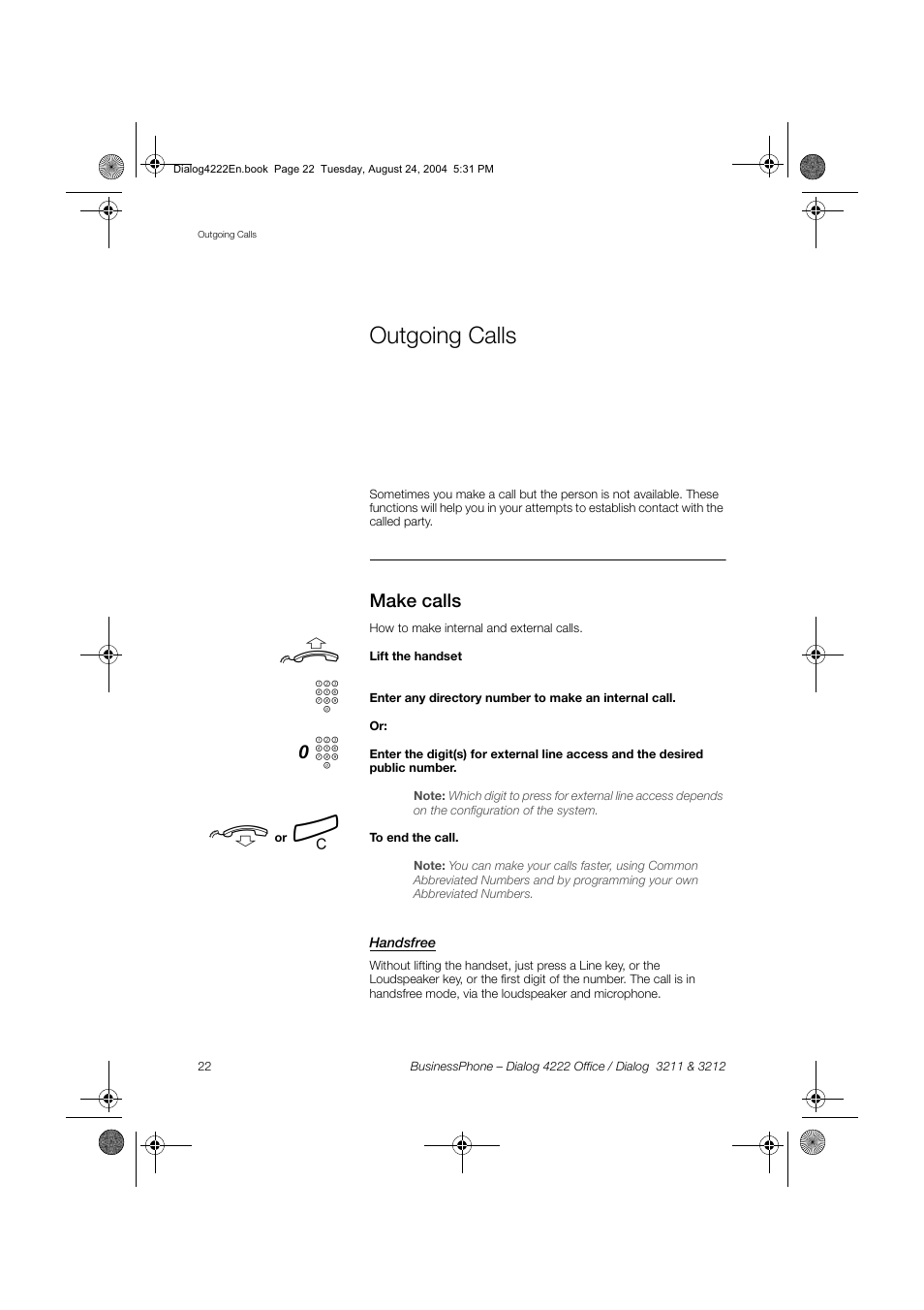 Outgoing calls, Make calls, Handsfree | Dialog 4222 Office User Manual | Page 22 / 124