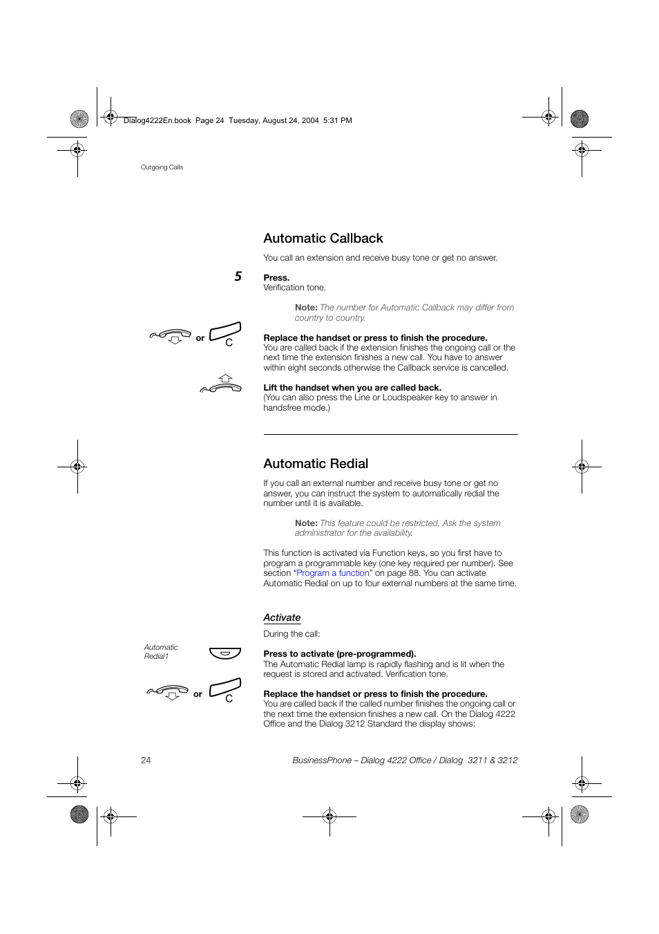 Automatic callback, Automatic redial, Activate | Dialog 4222 Office User Manual | Page 24 / 124
