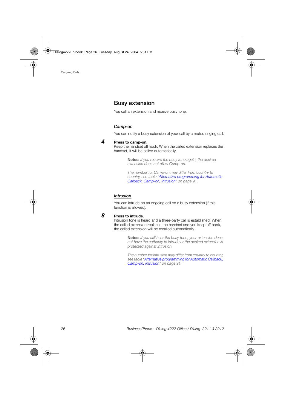 Busy extension, Camp-on, Intrusion | Dialog 4222 Office User Manual | Page 26 / 124
