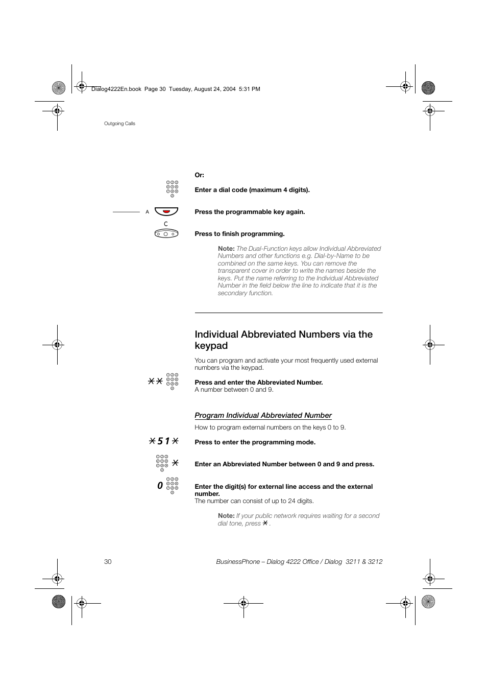 Individual abbreviated numbers via the keypad, Program individual abbreviated number, Section | Individual abbreviated numbers via the, Keypad, A х ф | Dialog 4222 Office User Manual | Page 30 / 124