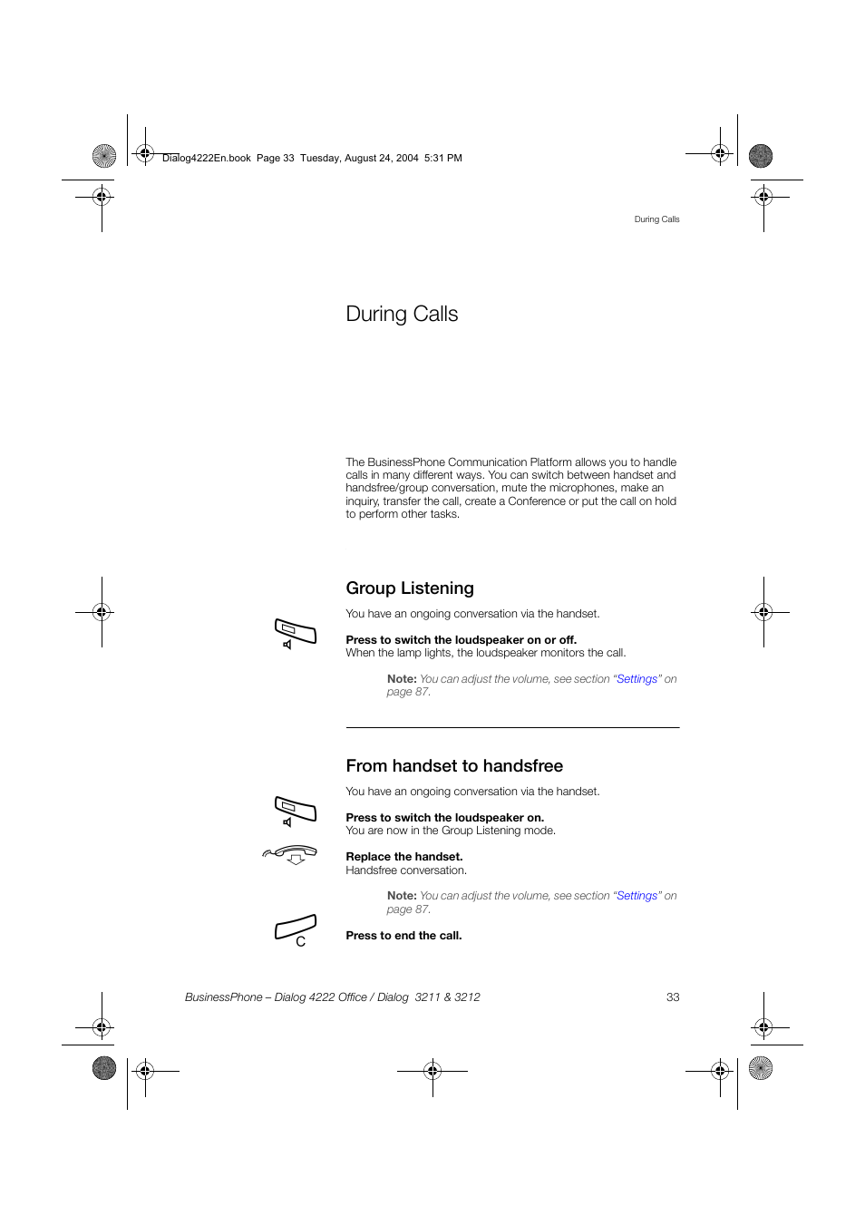 During calls, Group listening, From handset to handsfree | Ions, Section | Dialog 4222 Office User Manual | Page 33 / 124