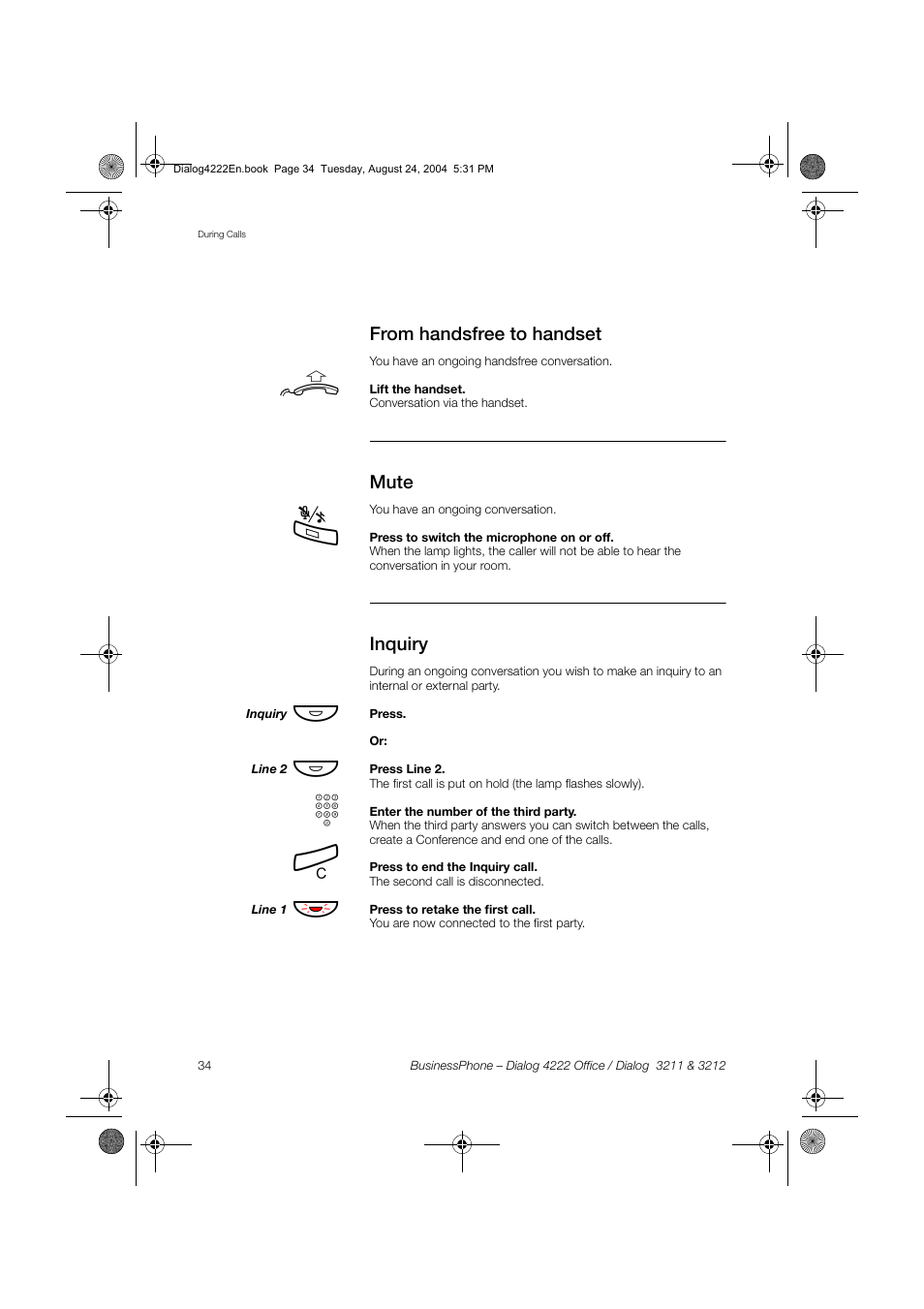 From handsfree to handset, Mute, Inquiry | Dialog 4222 Office User Manual | Page 34 / 124