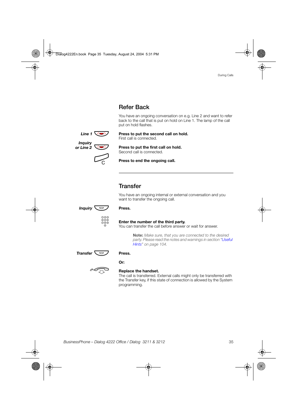 Refer back, Transfer | Dialog 4222 Office User Manual | Page 35 / 124