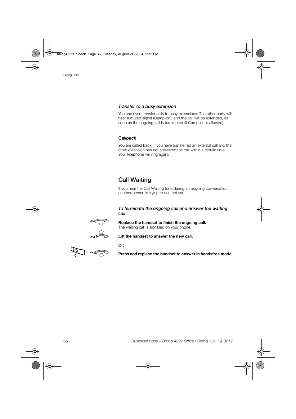 Transfer to a busy extension, Callback, Call waiting | Dialog 4222 Office User Manual | Page 36 / 124
