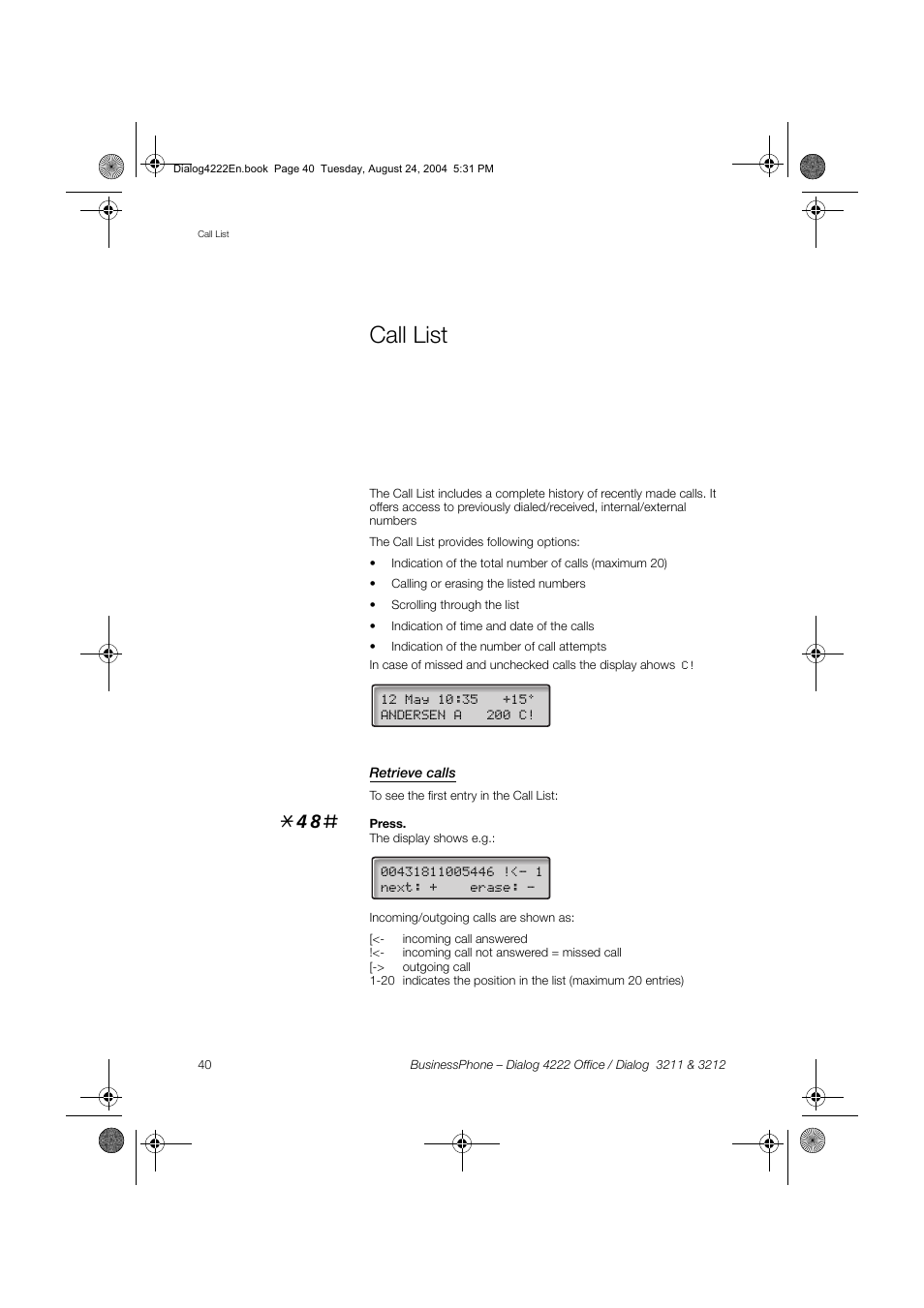 Call list, Retrieve calls | Dialog 4222 Office User Manual | Page 40 / 124