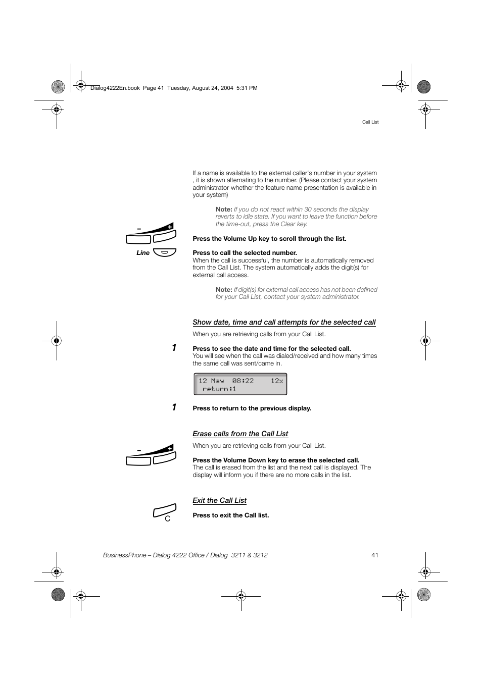 Erase calls from the call list, Exit the call list | Dialog 4222 Office User Manual | Page 41 / 124