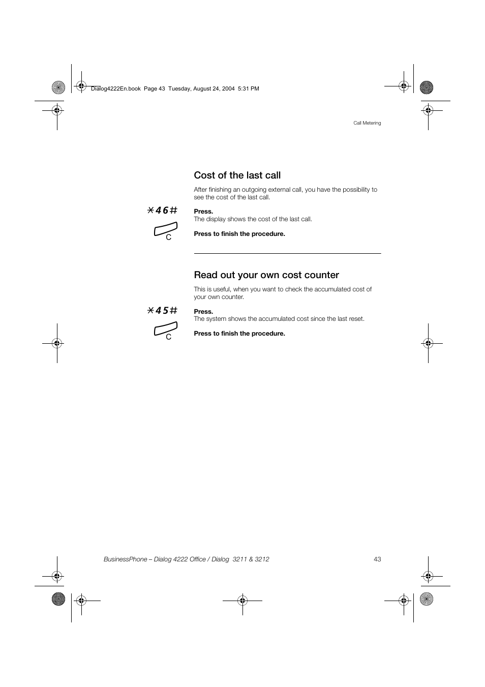 Cost of the last call, Read out your own cost counter | Dialog 4222 Office User Manual | Page 43 / 124