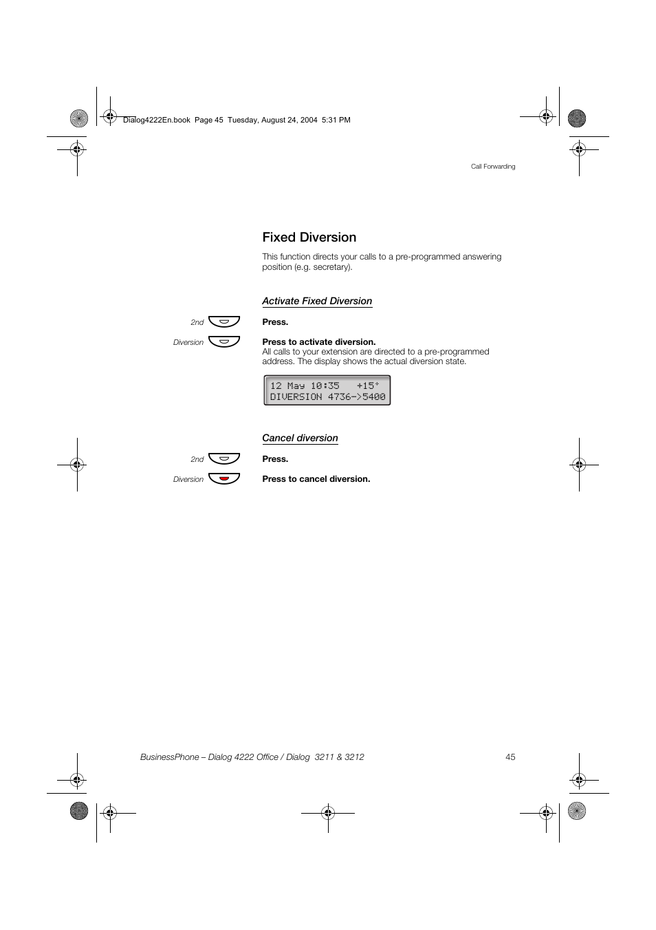 Fixed diversion, Activate fixed diversion, Cancel diversion | Fixed, Diversion | Dialog 4222 Office User Manual | Page 45 / 124