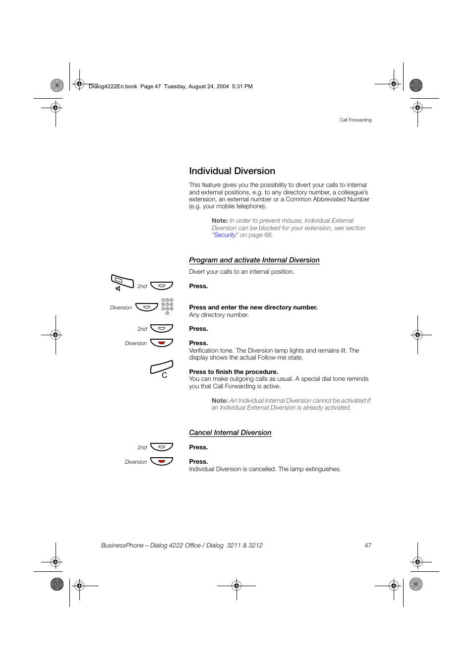Individual diversion, Program and activate internal diversion, Cancel internal diversion | Dialog 4222 Office User Manual | Page 47 / 124