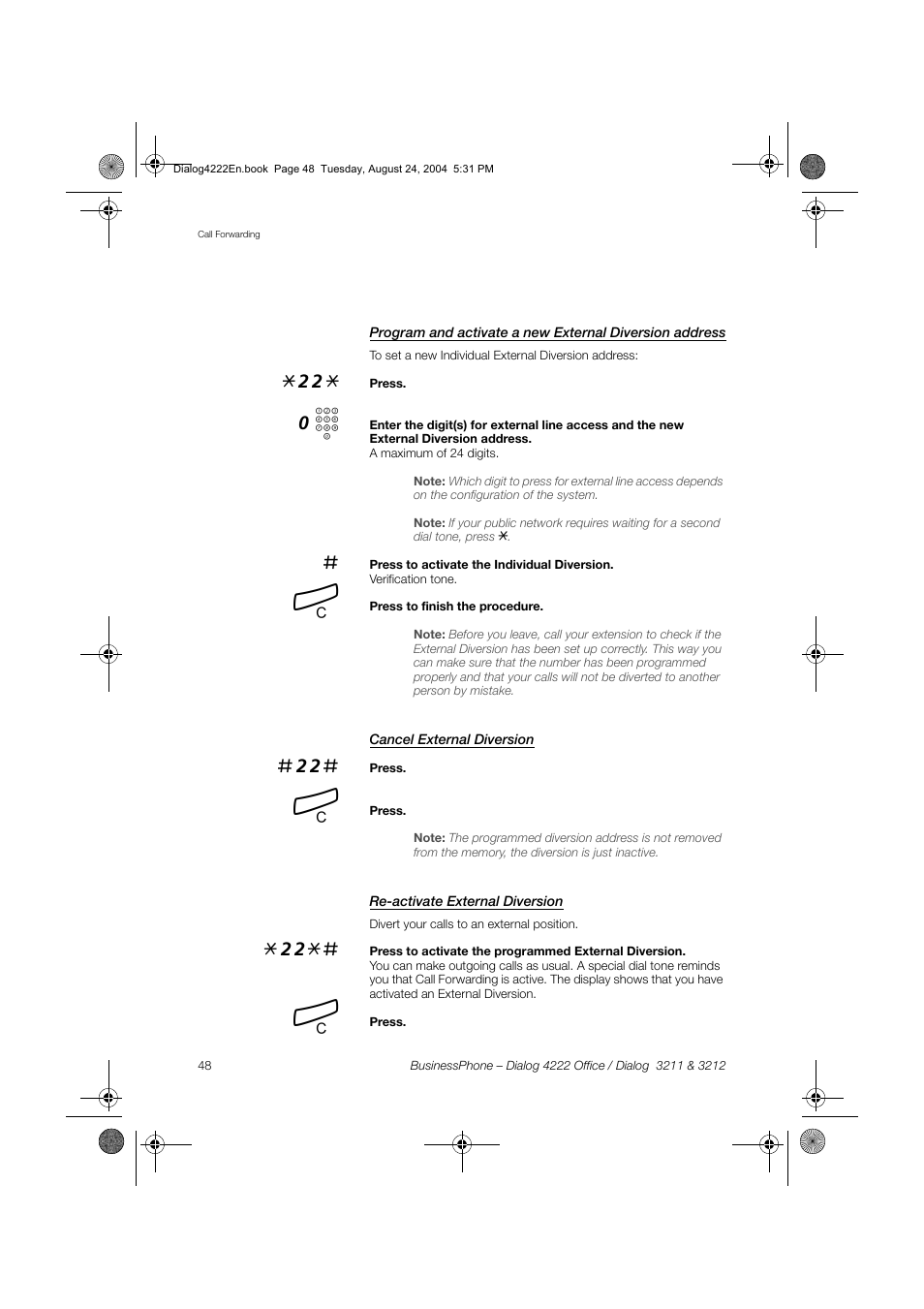 Cancel external diversion, Re-activate external diversion | Dialog 4222 Office User Manual | Page 48 / 124