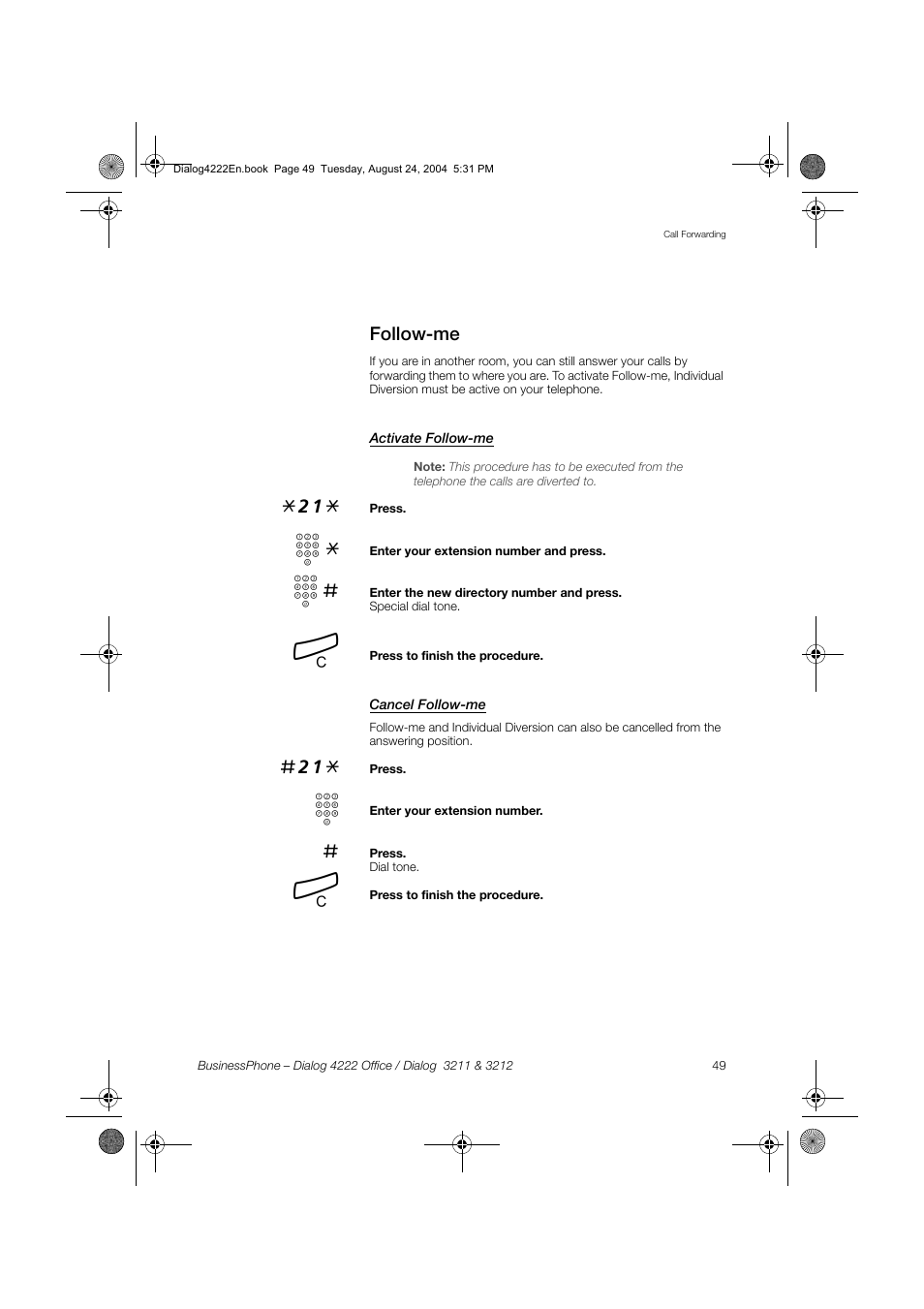 Follow-me, Activate follow-me, Cancel follow-me | Dialog 4222 Office User Manual | Page 49 / 124
