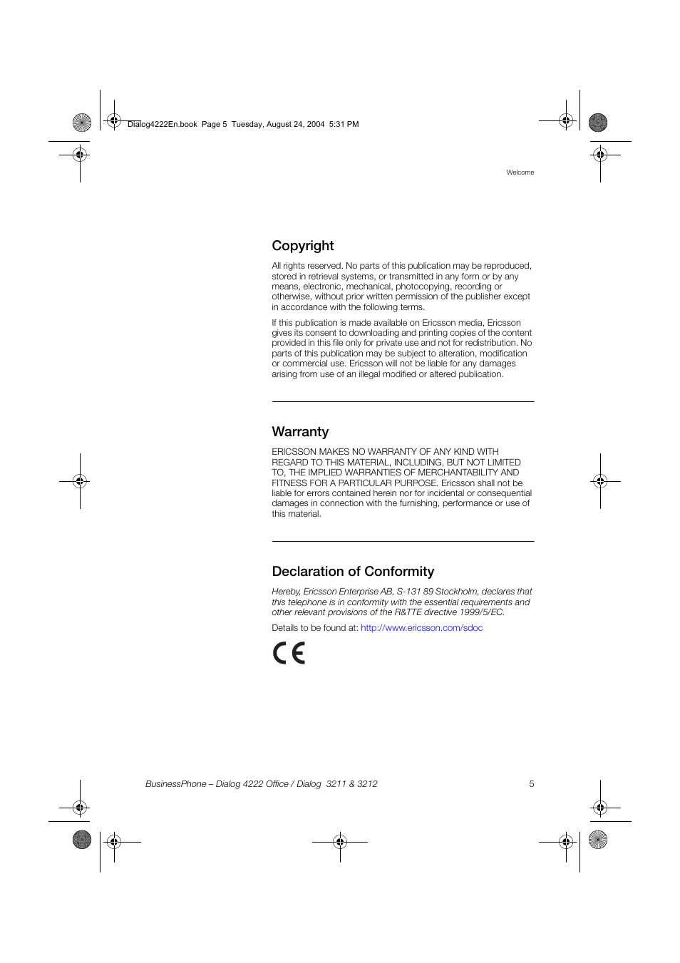 Copyright, Warranty, Declaration of conformity | Dialog 4222 Office User Manual | Page 5 / 124