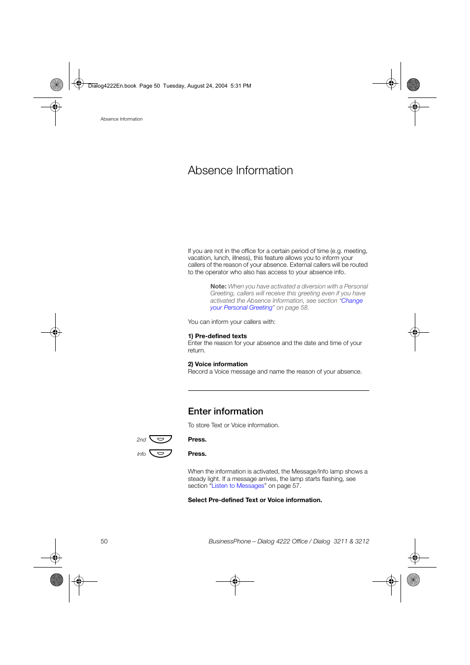 Absence information, Enter information | Dialog 4222 Office User Manual | Page 50 / 124