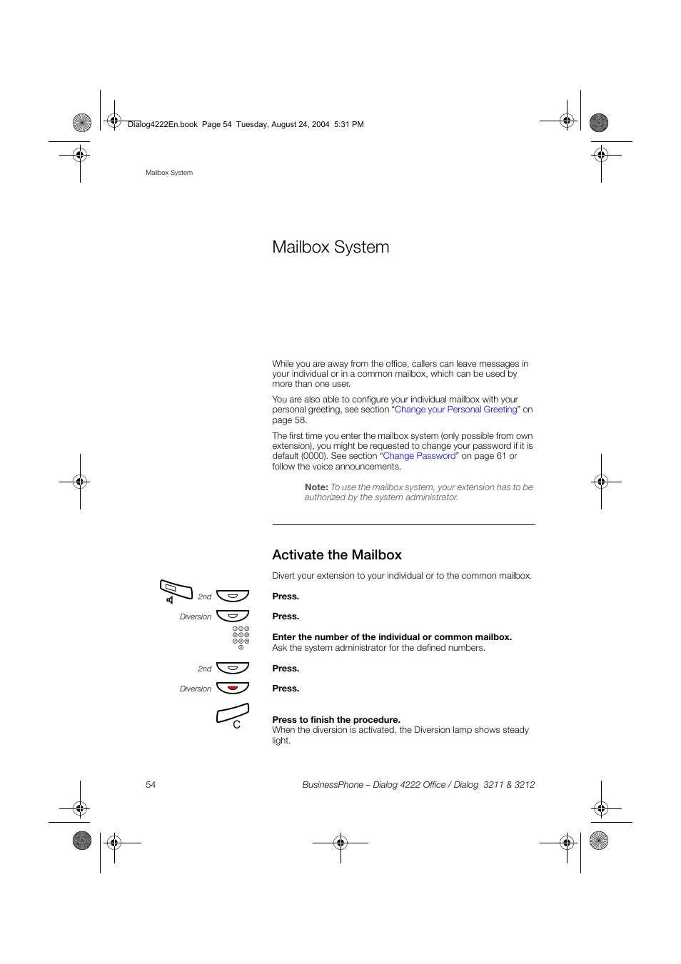 Mailbox system, Activate the mailbox | Dialog 4222 Office User Manual | Page 54 / 124