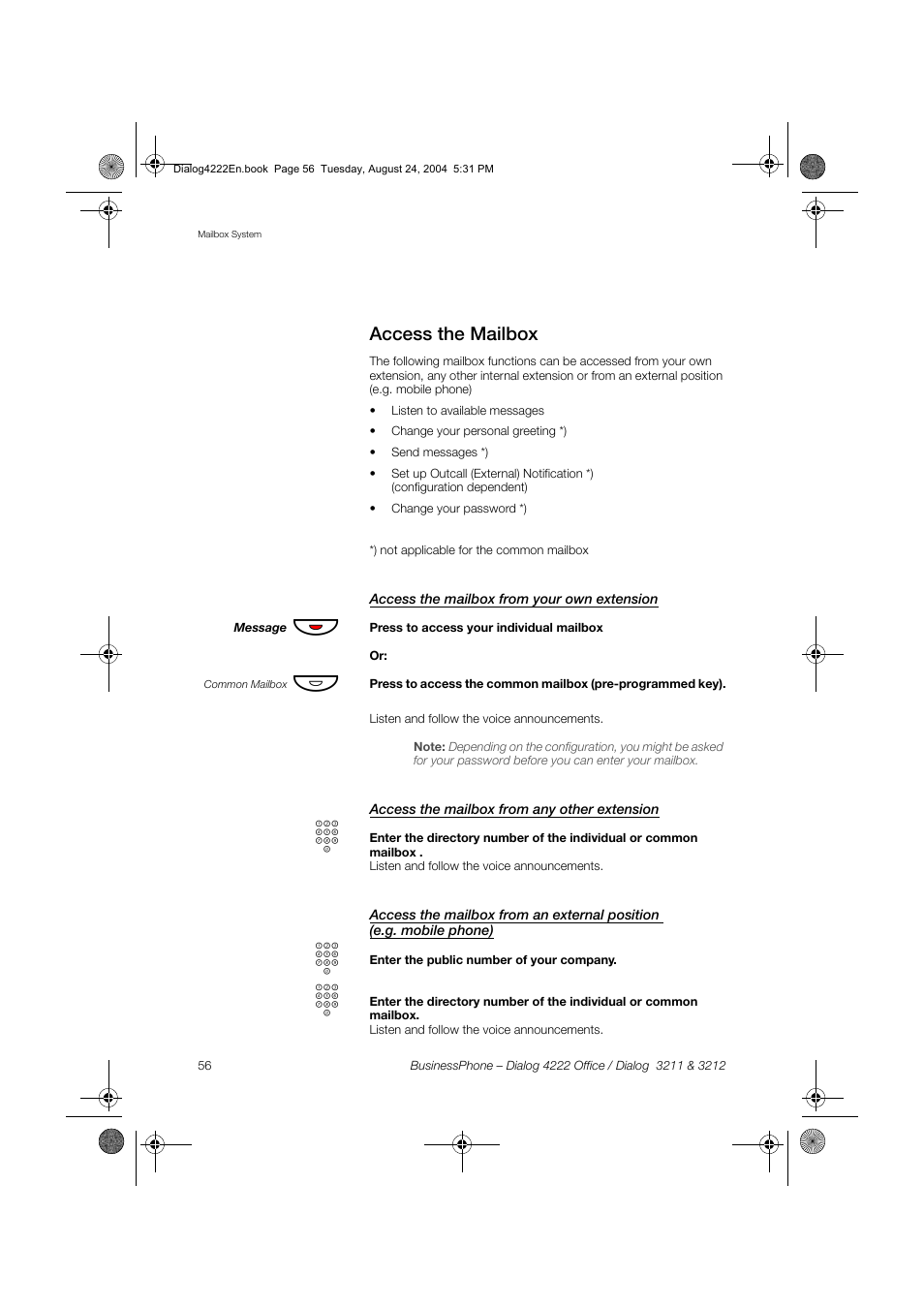 Access the mailbox, Access the mailbox from your own extension, Access the mailbox from any other extension | Dialog 4222 Office User Manual | Page 56 / 124