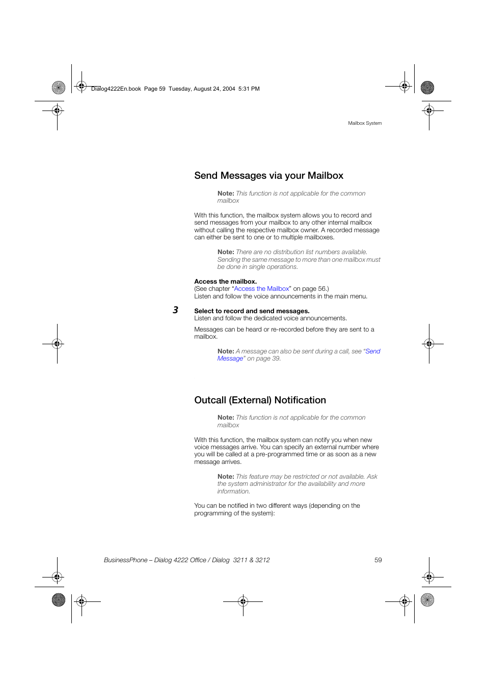 Send messages via your mailbox, Outcall (external) notification | Dialog 4222 Office User Manual | Page 59 / 124