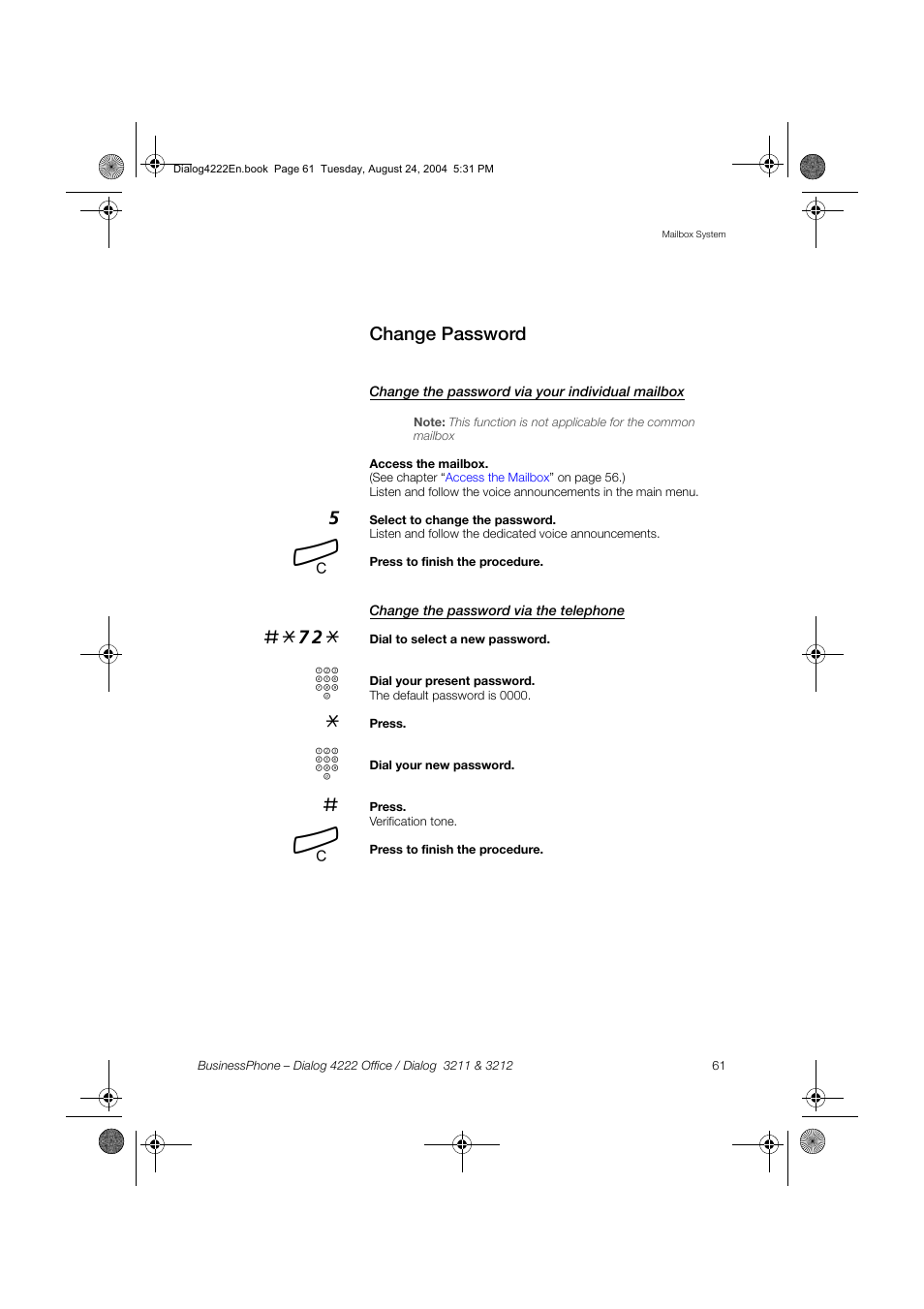 Change password, Change the password via your individual mailbox, Change the password via the telephone | E section, Change, Password | Dialog 4222 Office User Manual | Page 61 / 124