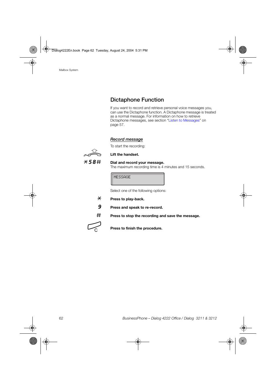 Dictaphone function, Record message | Dialog 4222 Office User Manual | Page 62 / 124