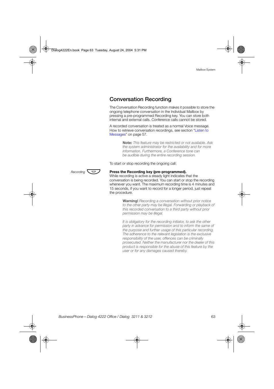 Conversation recording | Dialog 4222 Office User Manual | Page 63 / 124