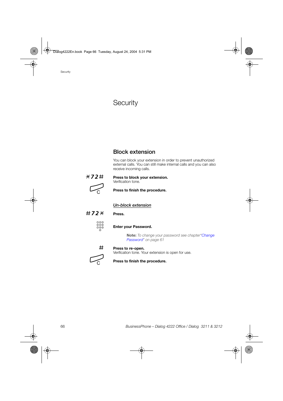 Security, Block extension, Un-block extension | Dialog 4222 Office User Manual | Page 66 / 124