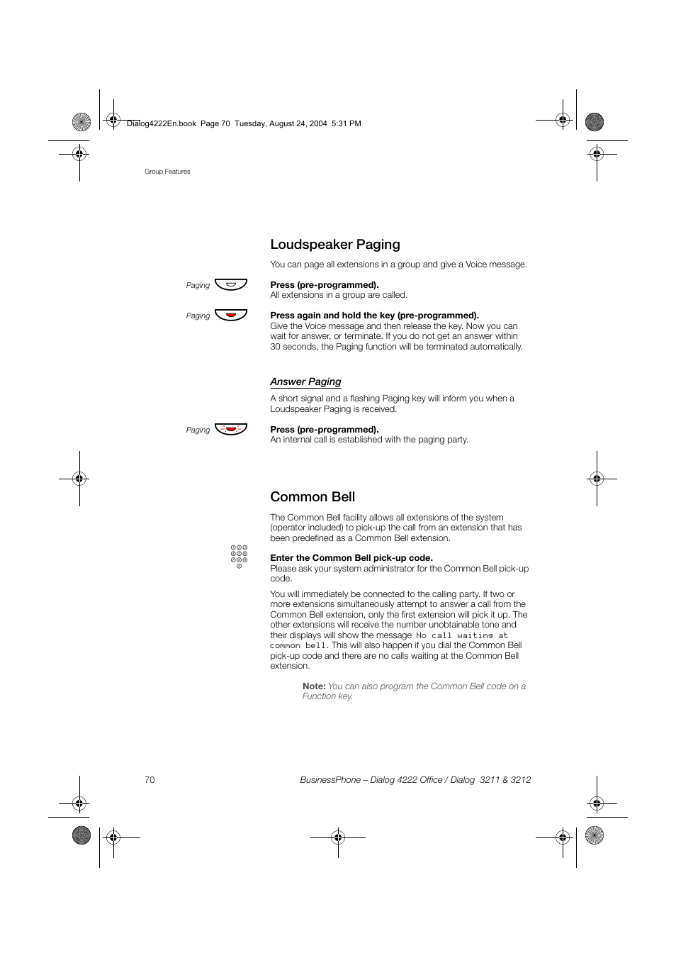 Loudspeaker paging, Answer paging, Common bell | Dialog 4222 Office User Manual | Page 70 / 124