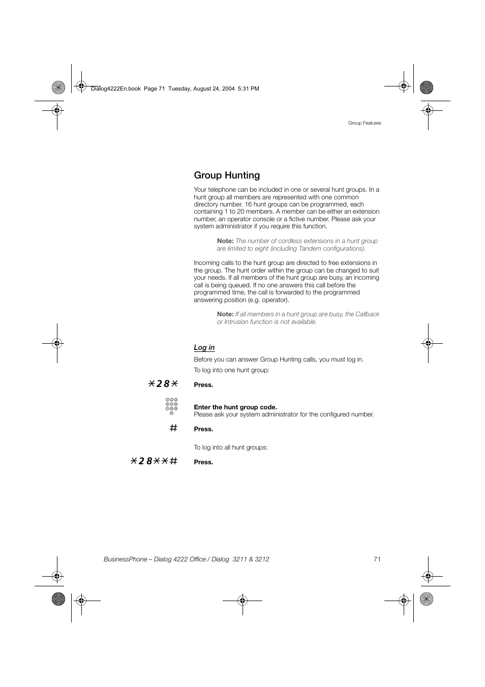 Group hunting, Log in | Dialog 4222 Office User Manual | Page 71 / 124