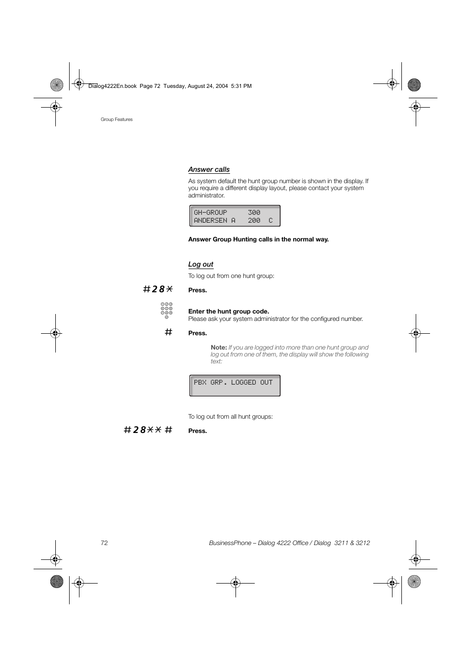 Answer calls, Log out | Dialog 4222 Office User Manual | Page 72 / 124