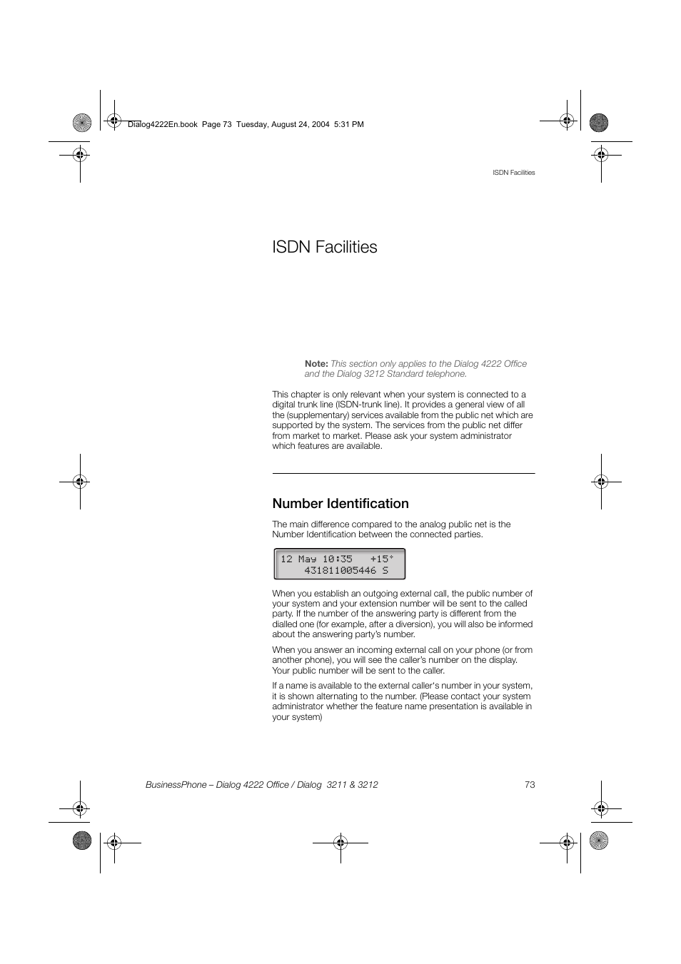Isdn facilities, Number identification | Dialog 4222 Office User Manual | Page 73 / 124
