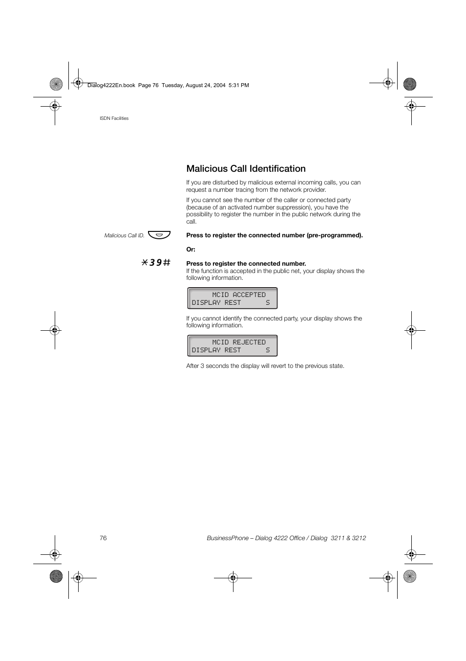 Malicious call identification | Dialog 4222 Office User Manual | Page 76 / 124