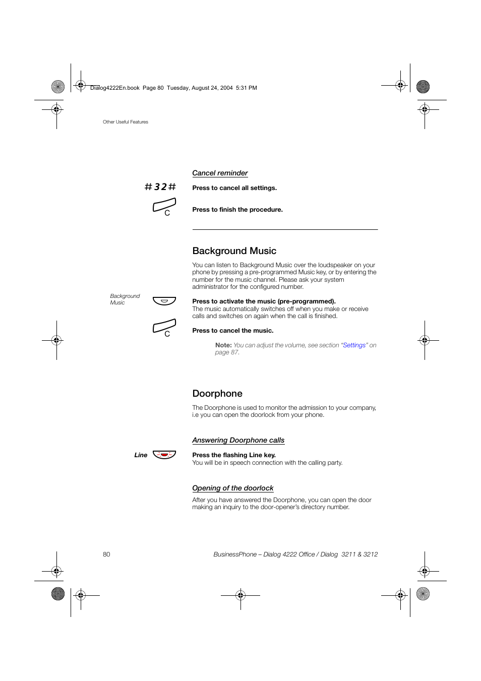 Cancel reminder, Background music, Doorphone | Answering doorphone calls, Opening of the doorlock | Dialog 4222 Office User Manual | Page 80 / 124