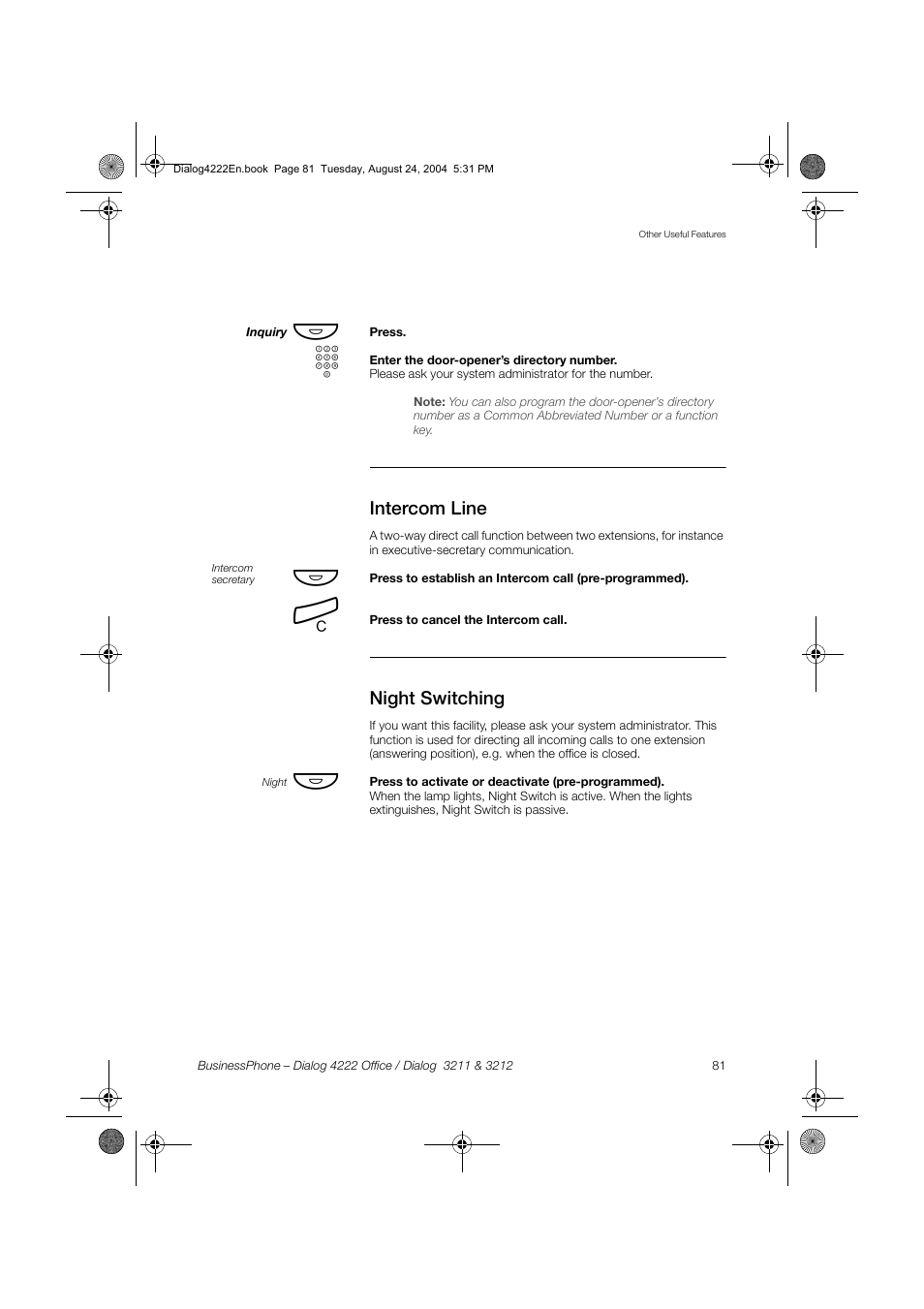 Intercom line, Night switching | Dialog 4222 Office User Manual | Page 81 / 124