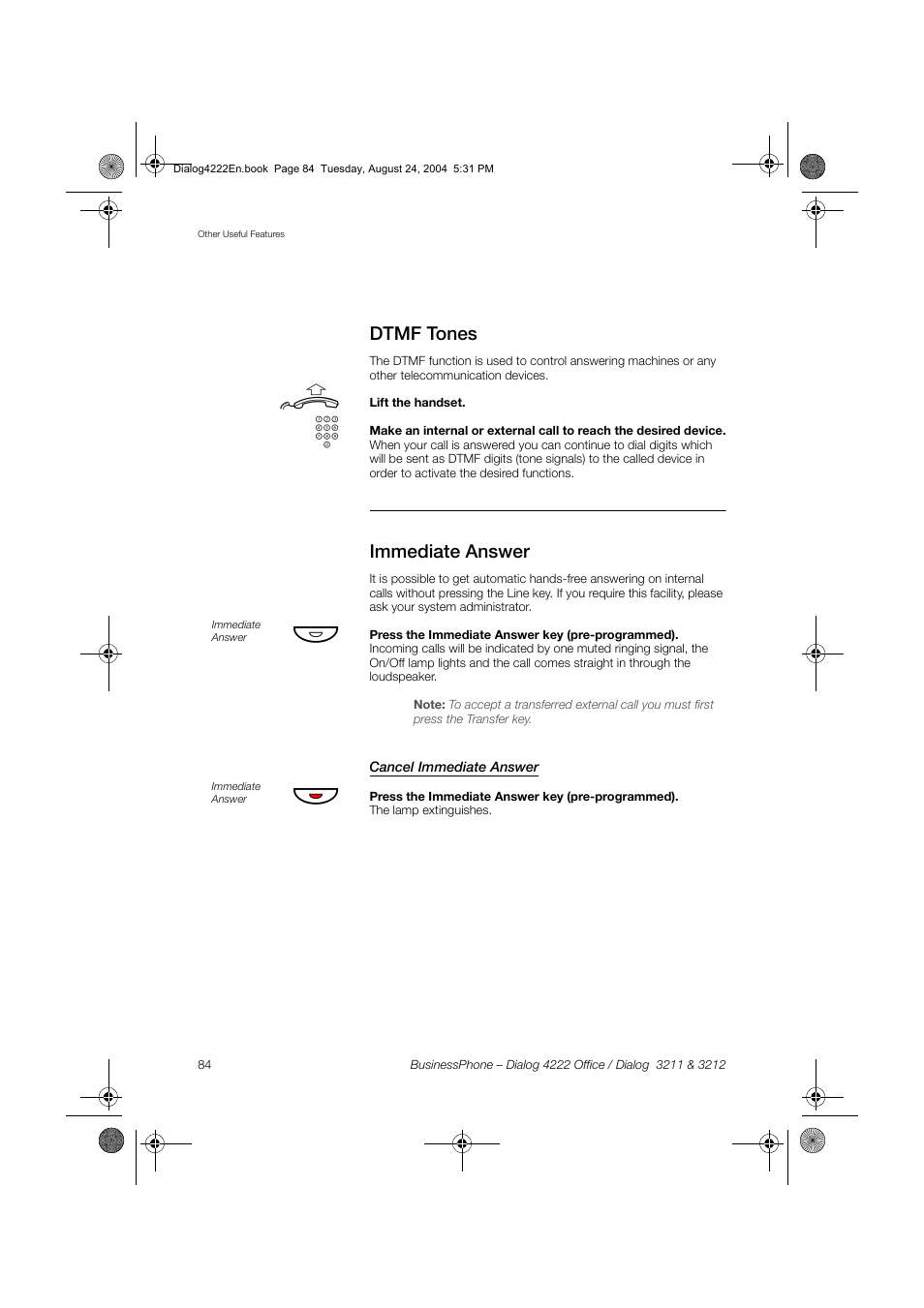 Dtmf tones, Immediate answer, Cancel immediate answer | Dialog 4222 Office User Manual | Page 84 / 124