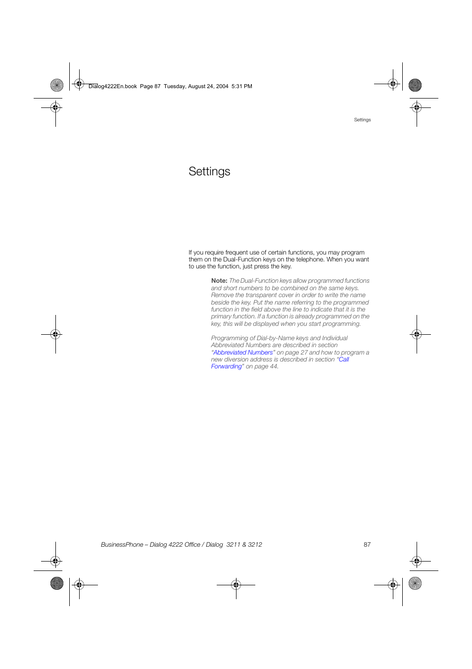 Settings, Section | Dialog 4222 Office User Manual | Page 87 / 124