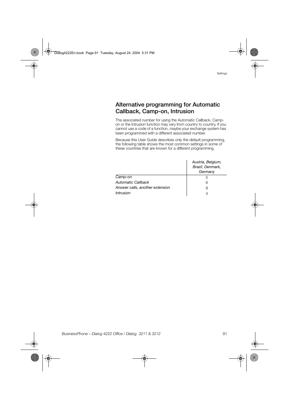 Table, Alternative programming for automatic, Callback, camp-on, intrusion | Alternative programming for automatic callback, Camp-on, intrusion | Dialog 4222 Office User Manual | Page 91 / 124