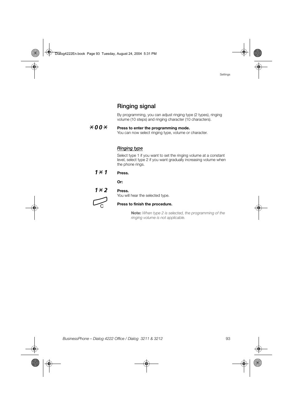 Ringing signal, Ringing type | Dialog 4222 Office User Manual | Page 93 / 124