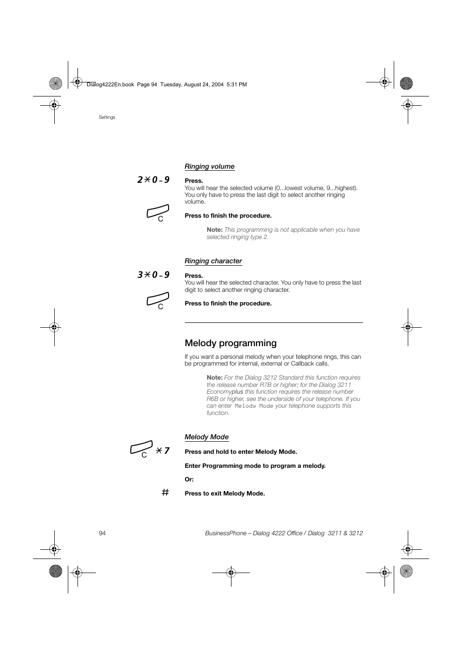 Ringing volume, Ringing character, Melody programming | Melody mode, Í *7 | Dialog 4222 Office User Manual | Page 94 / 124