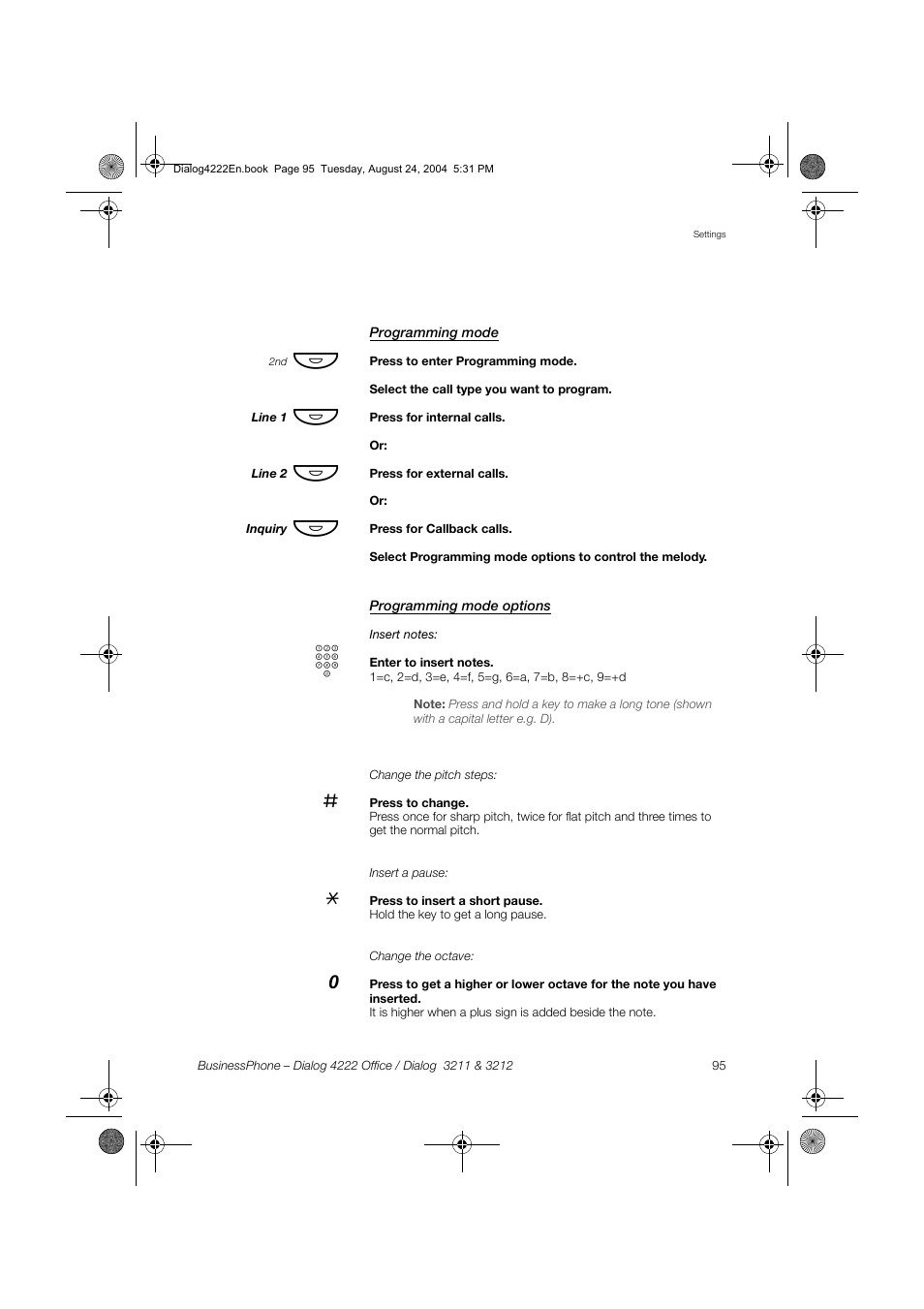 Programming mode, Programming mode options | Dialog 4222 Office User Manual | Page 95 / 124