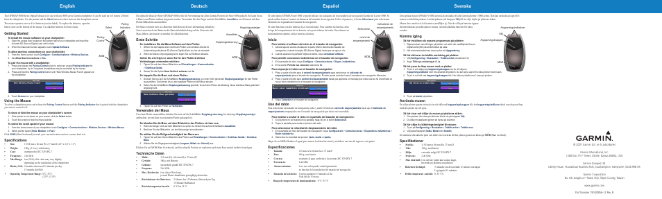 English español svenska, Deutsch, Getting started | Using the mouse, Specifications, Erste schritte, Verwenden der maus, Technische daten, Inicio, Uso del ratón | Garmin Mouse User Manual | Page 2 / 2