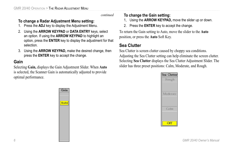 Gain, Sea clutter | Garmin GMR 20 User Manual | Page 10 / 32