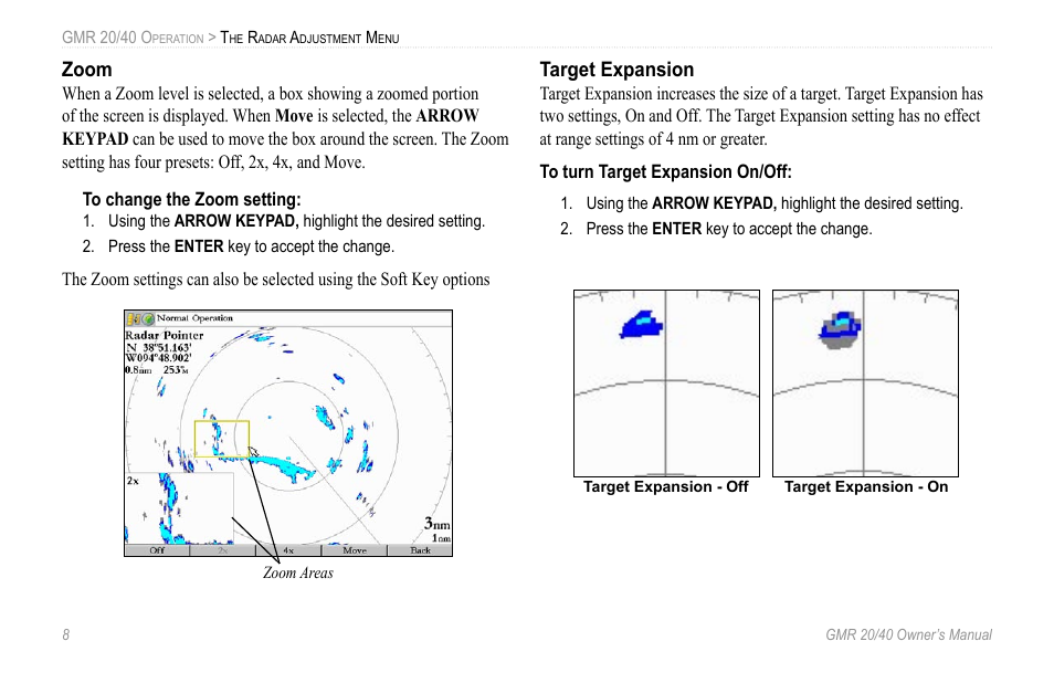 Zoom, Target expansion | Garmin GMR 20 User Manual | Page 12 / 32