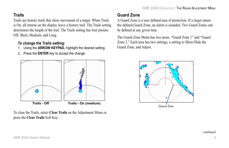 Trails, Guard zone | Garmin GMR 20 User Manual | Page 13 / 32