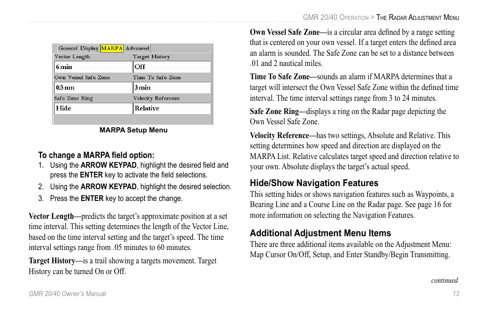Hide/show navigation features, Additional adjustment menu items | Garmin GMR 20 User Manual | Page 17 / 32
