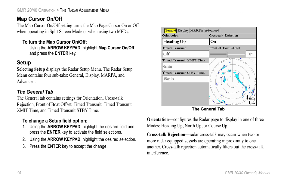 Map cursor on/off, Setup, The general tab | Garmin GMR 20 User Manual | Page 18 / 32