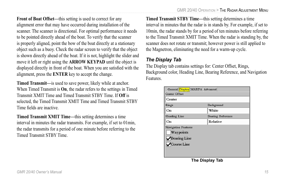 The display tab | Garmin GMR 20 User Manual | Page 19 / 32