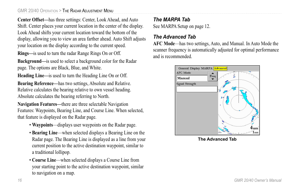 The marpa tab, The advanced tab | Garmin GMR 20 User Manual | Page 20 / 32