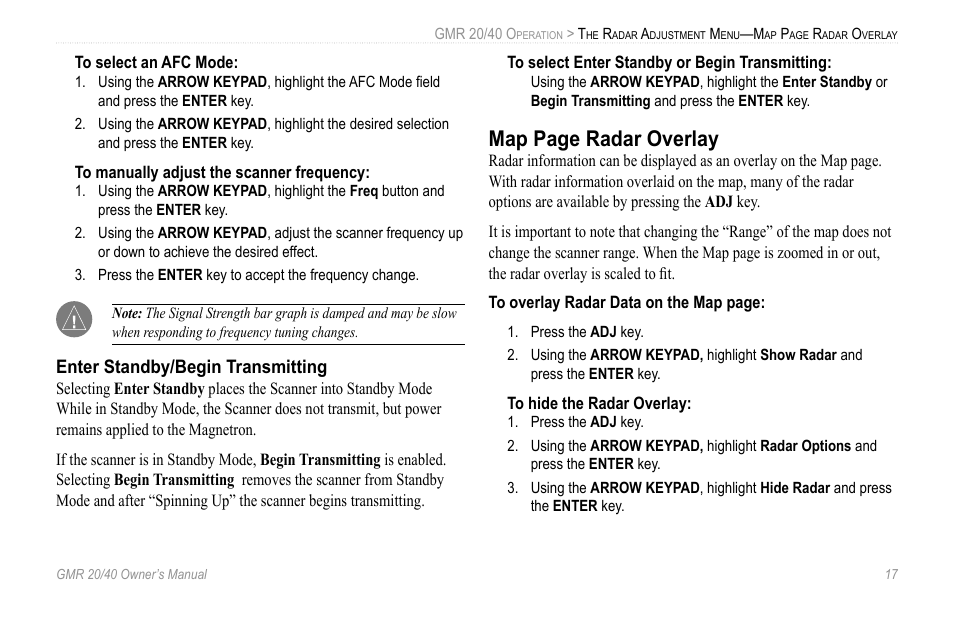 Enter standby/begin transmitting, Map page radar overlay | Garmin GMR 20 User Manual | Page 21 / 32